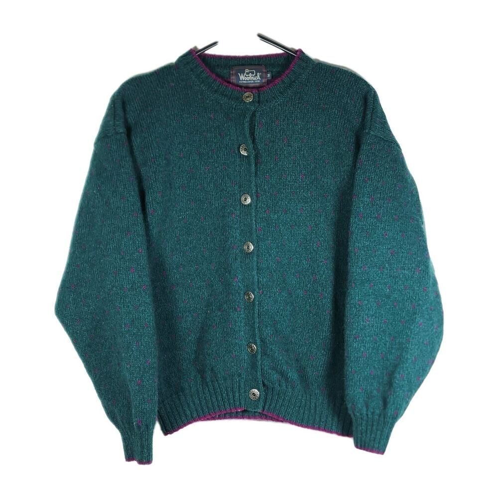 Woolrich Women's VTG Sz M Wool Blend Green Red Button Crewneck Cardigan Sweater